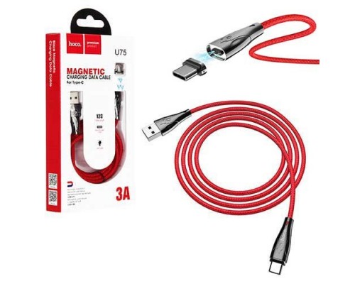 Кабель USB - Type-C HOCO U75, 1.2м, круглый, 3A, ткань, магнитный, красный